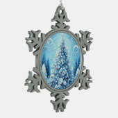 Gekke impressionistische kerstboom blauw tin sneeuwvlok ornament (Links)