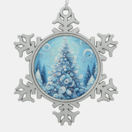 Gekke impressionistische kerstboom blauw tin sneeuwvlok ornament