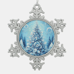 Gekke impressionistische kerstboom blauw tin sneeuwvlok ornament
