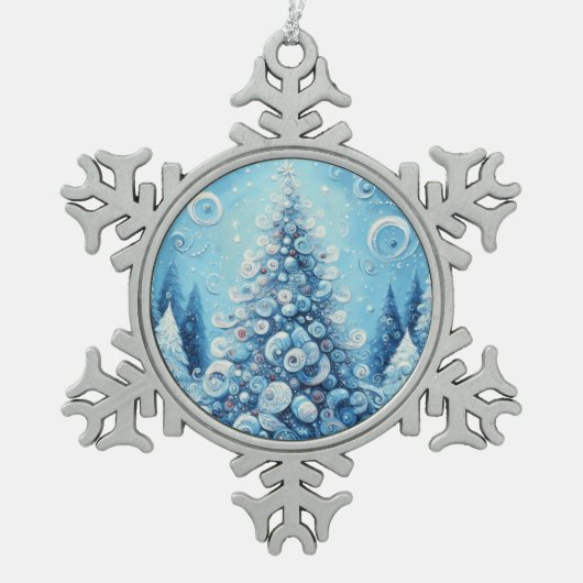 Gekke impressionistische kerstboom blauw tin sneeuwvlok ornament (Voorkant)