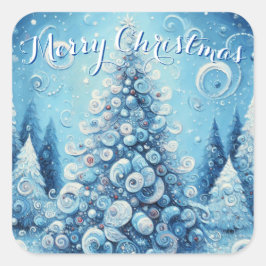 Gekke impressionistische kerstboom blauw vierkante sticker