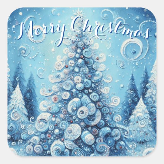 Gekke impressionistische kerstboom blauw vierkante sticker (Voorkant)