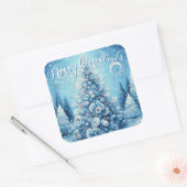 Gekke impressionistische kerstboom blauw vierkante sticker (Envelop)