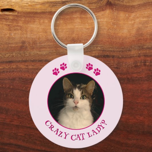 Gekke kat dame foto aangepaste tekst roze sleutelhanger (Voorkant)