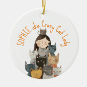 Gekke Kat Dame Illustratie met Naam Quirky & Plezi Keramisch Ornament (Voorkant)