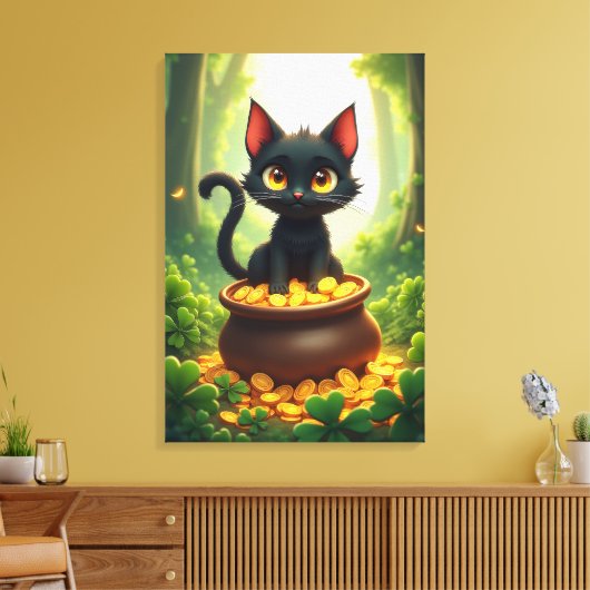 Gekke kat in een pot met goud canvas afdruk (Insitu (Woonkamer))