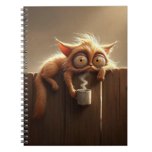 GEKKE KAT MET KOP KOFFIE OP HET HEK NOTITIEBOEK