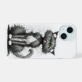 Gekke kat op wit iPhone 15 case (Achterkant horizontaal)