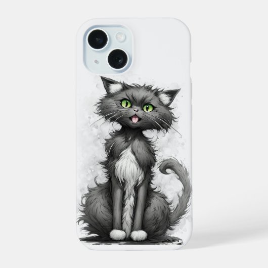 Gekke kat op wit iPhone 15 case (Achterkant)