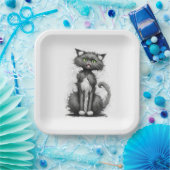Gekke kat op wit papieren bordje (Feest)