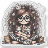 Gekke Kat Vrouw Sticker (Voorkant)