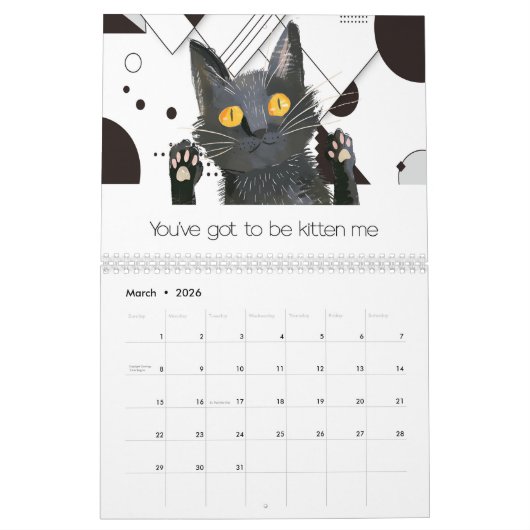 Gekke kattenzwarte en witte kalender (Mar 2026)