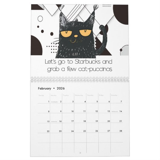 Gekke kattenzwarte en witte kalender (Feb 2026)