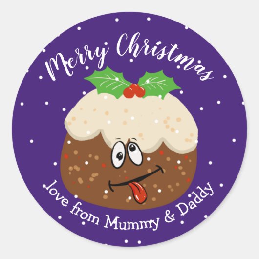 gekke kerst pudding fruitcake merry ronde sticker (Voorkant)