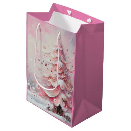 Gekke kerstboom roze witte wervelingen medium cadeauzakje (Voorkant Gekanteld)