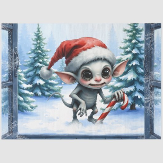 Gekke kerstelf met snoepriet. tissuepapier (Voorkant)