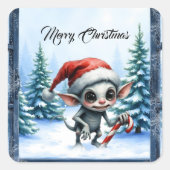 Gekke kerstelf met snoepriet. vierkante sticker (Voorkant)