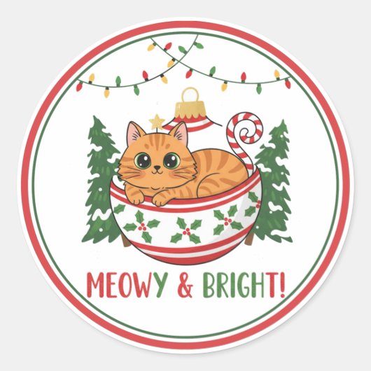 Gekke Kerstkat Ornament Sticker (Voorkant)