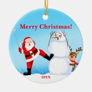 Gekke Kerstman die golf speelt, sneeuwman en rendi Keramisch Ornament