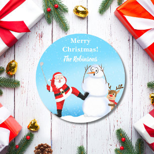 Gekke Kerstman die golf speelt, sneeuwman en rendi Ronde Sticker