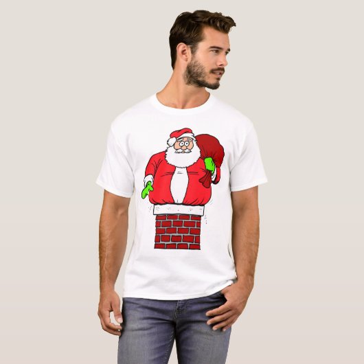 Gekke kerstman ondersteboven in schoorsteenkerst t-shirt (Voorkant volledig)