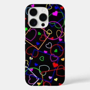 Gekke kleurrijke harten en dingen op zwart iPhone 16 pro hoesje