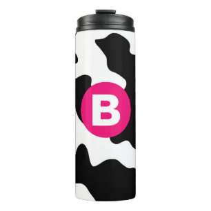 Gekke koeienvlekpatroon met roze monogram thermosbeker