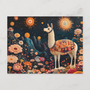 Gekke lama in een sterrenrijk bloemenlandschap feestdagenkaart