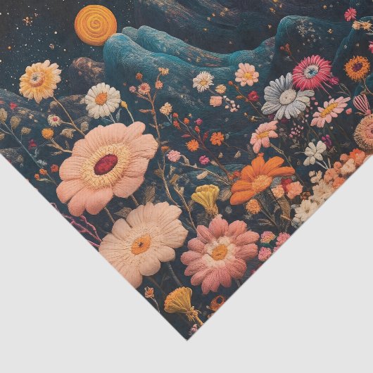 Gekke lama in een sterrenrijk bloemenlandschap tissuepapier (Detail)