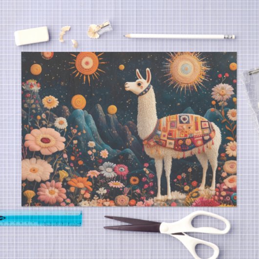 Gekke lama in een sterrenrijk bloemenlandschap tissuepapier (Craft)