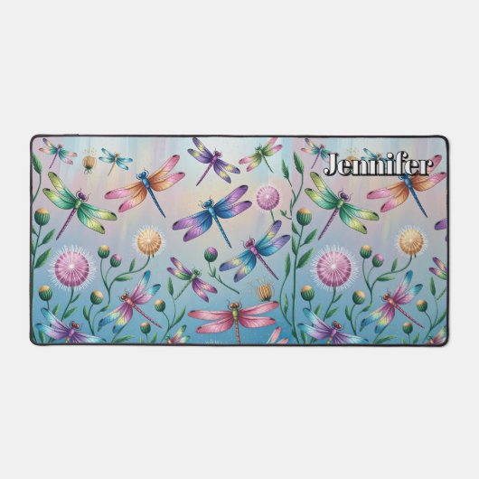 Gekke libellen met bloemen. Bewerkbare naam Bureaumat (Voorkant)