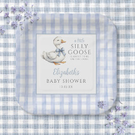 Gekke Little Goose Blue Gingham Baby shower Papieren Bordje