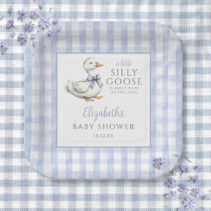 Gekke Little Goose Blue Gingham Baby shower Papieren Bordje