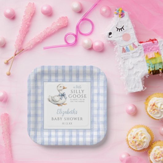 Gekke Little Goose Blue Gingham Baby shower Papieren Bordje (Feest)