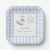 Gekke Little Goose Blue Gingham Baby shower Papieren Bordje (Voorkant)