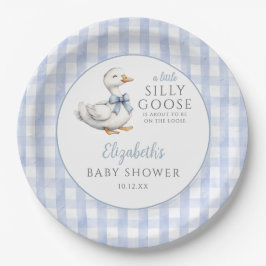 Gekke Little Goose Blue Gingham Baby shower Papieren Bordje