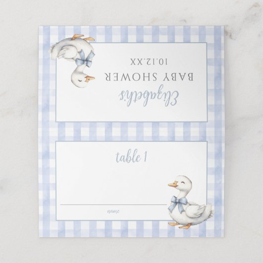 Gekke Little Goose Blue Gingham Baby shower Plaatskaartje (Buitenkant ongevouwen)