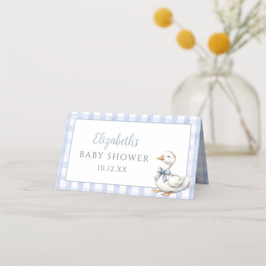 Gekke Little Goose Blue Gingham Baby shower Plaatskaartje (Achterkant)