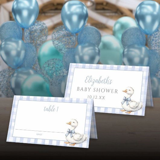 Gekke Little Goose Blue Gingham Baby shower Plaatskaartje