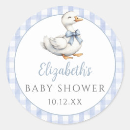 Gekke Little Goose Blue Gingham Baby shower Ronde Sticker