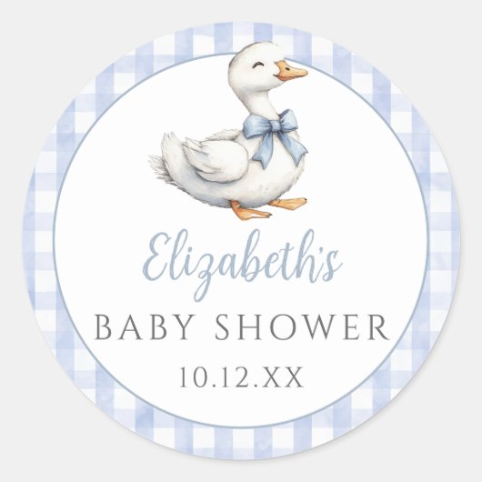 Gekke Little Goose Blue Gingham Baby shower Ronde Sticker (Voorkant)