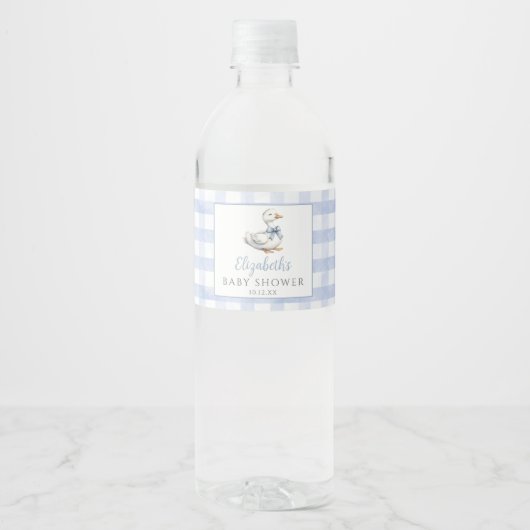 Gekke Little Goose Blue Gingham Baby shower Waterfles Etiket (Voorkant)
