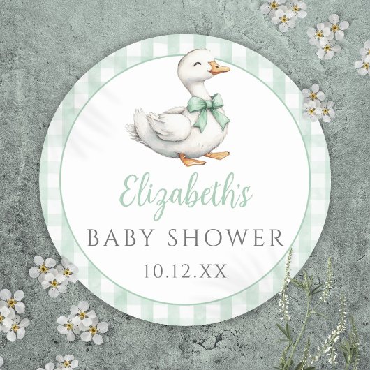 Gekke Little Goose Green Gingham Baby shower Ronde Sticker
