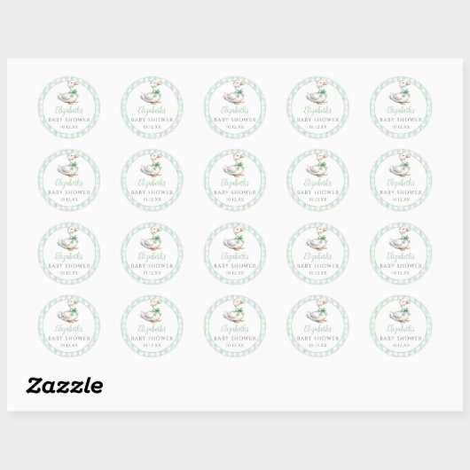 Gekke Little Goose Green Gingham Baby shower Ronde Sticker (Vel)