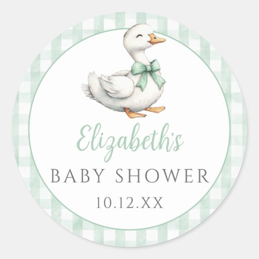 Gekke Little Goose Green Gingham Baby shower Ronde Sticker (Voorkant)