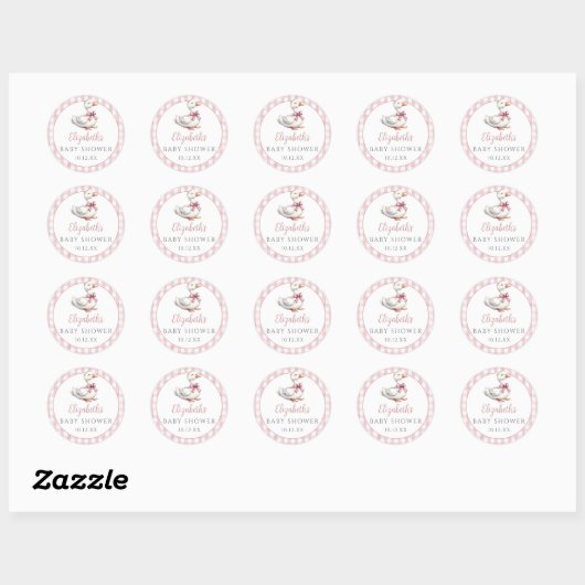 Gekke Little Goose Pink Gingham Baby shower Ronde Sticker (Vel)