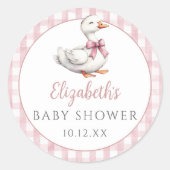 Gekke Little Goose Pink Gingham Baby shower Ronde Sticker (Voorkant)