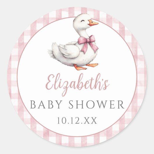 Gekke Little Goose Pink Gingham Baby shower Ronde Sticker (Voorkant)
