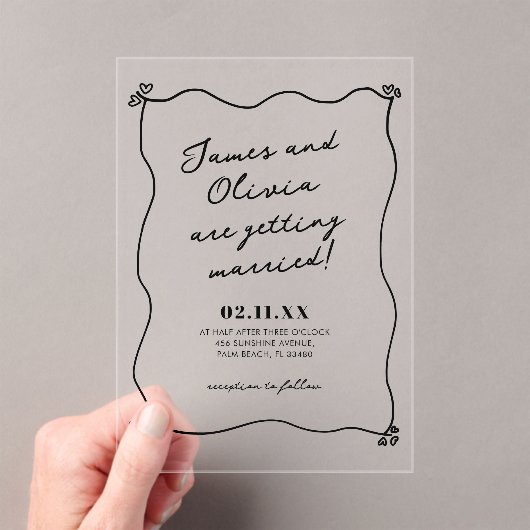 Gekke minimalistische hand getrokken bruiloft acryl uitnodigingen (Insitu (Draagbaar))