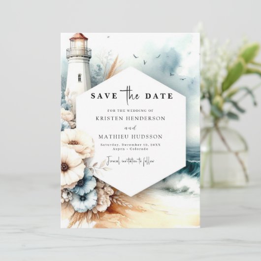 Gekke moderne vuurtoren bruiloft save the date (Staand voorkant)